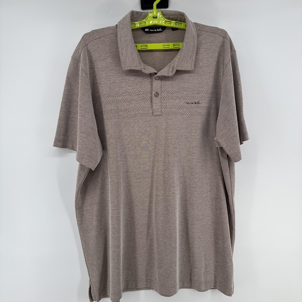 Travis Mathew Polo Shirt Mens 2XL Beige Striped Relaxed Golf Moisture Wicking